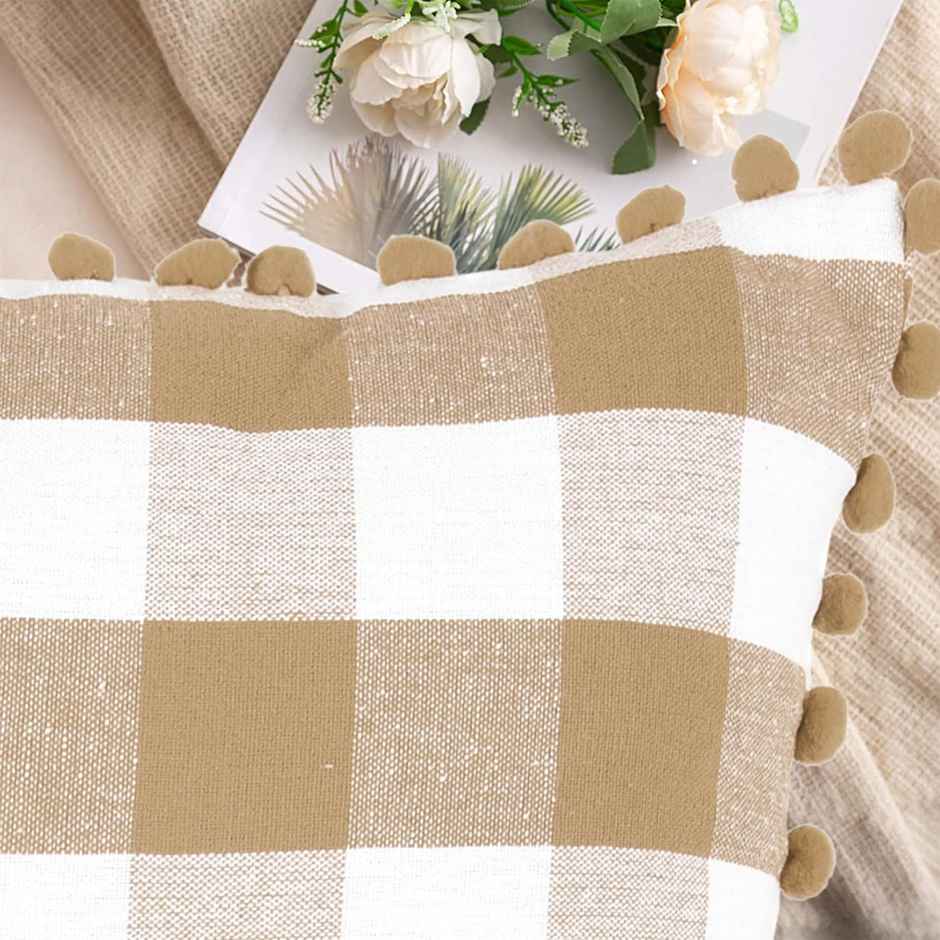 Lushomes Cotton Cushion Covers - Beige White Checks | Pom Pom | 16 x 16 inch