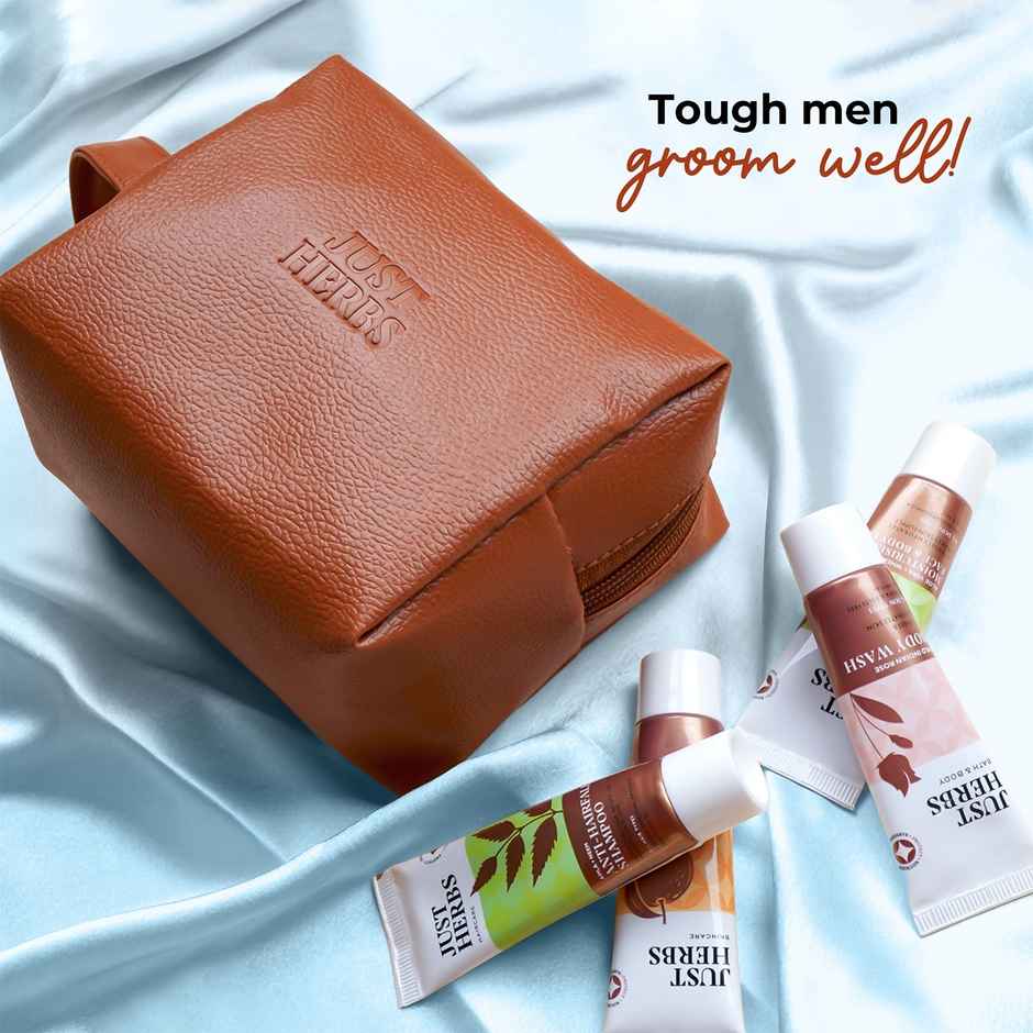 Just Herbs Men Essential Head-To-Toe Mini Travel Kit With Free Pouch Shampoo