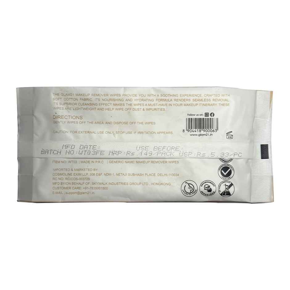 Glam21 Makeup Remover Wipes| Fragrance Free Pre-moisturized 100% Cotton Fabric for Face Cleansing