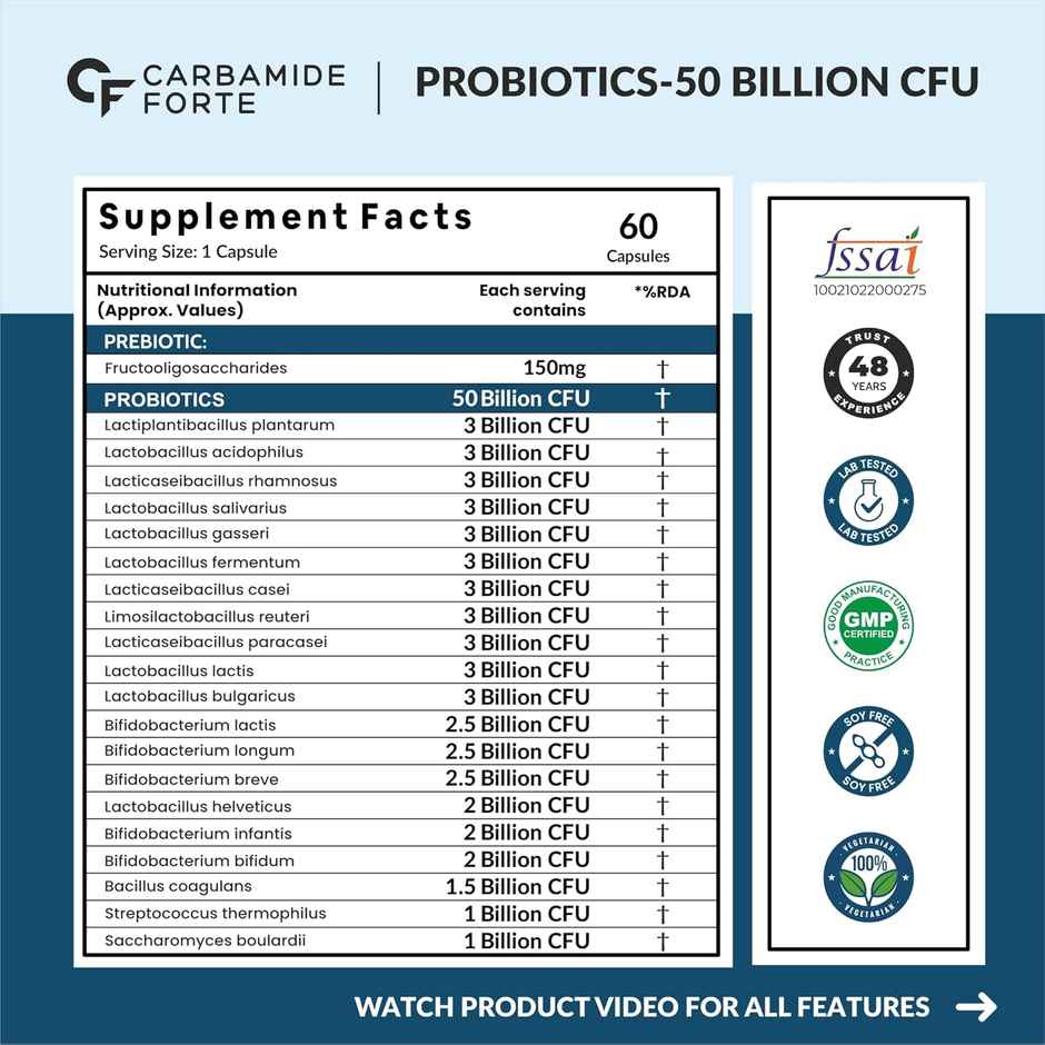 Carbamide Forte Probiotics Supplement 50 Billion CFU for Women & Men 60 Veg Capsules