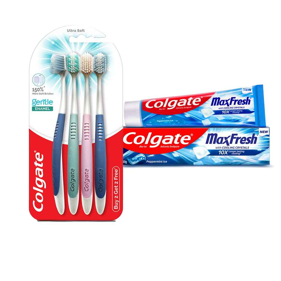 Colgate Gentle Enamel Toothbrush Ultra Soft (4pc) & Colgate Maxfresh Toothpaste, Blue Gel Paste With Menthol For Super Fresh Breath (Peppermint Ice) (150g) Combo
