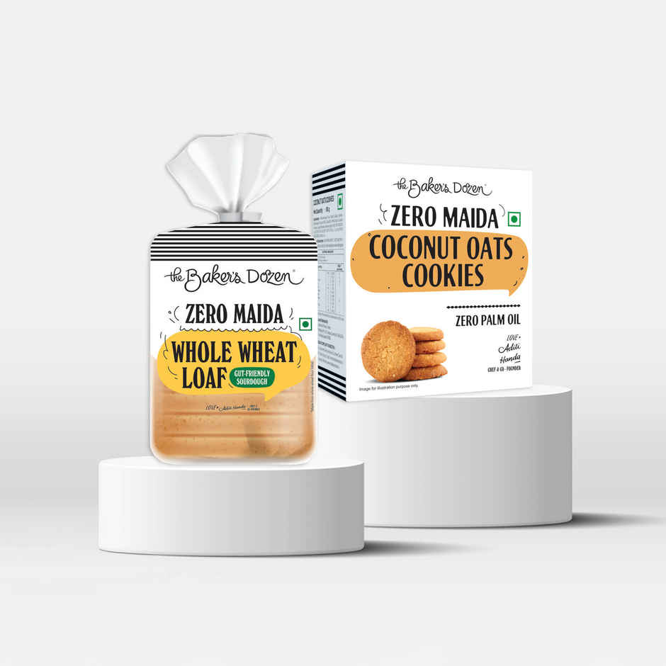 The Baker'S Dozen 100% Whole Wheat Bread - No Palm Oil No Preservative (450g) & The Baker'S Dozen Zero Maida Coconut And Oats Biscuits Cookies | Maida-Free And Trans Fat-Free (80g) Combo