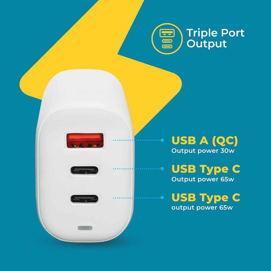 D-Link 65W Triple Port Fast Charger 2 Type-C and 1 USB-A ,Free Type C to Type C Cable- White