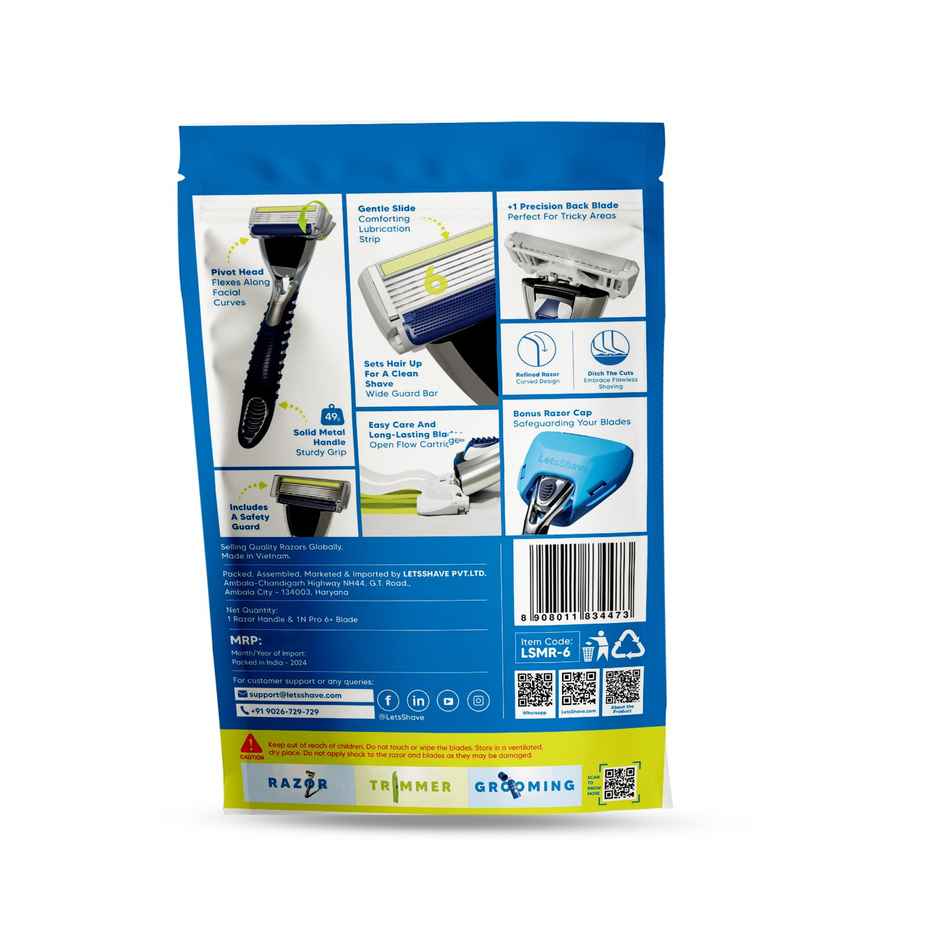 LetsShave Pro 6 Plus Shaving Razor for Men | World's First 6 Blade & Precision Back Blade Setup