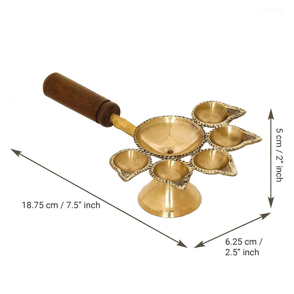 Ecraftindia Set Of 2 Golden Brass Panchdeep Diyas For 5 Cotton Wicks With Wooden Holder