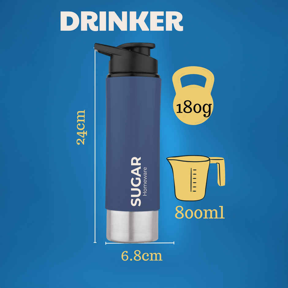 Sugar Homeware Ecopack Stainless Steel Sipper Sports Water Bottle | 800 ml | Blue