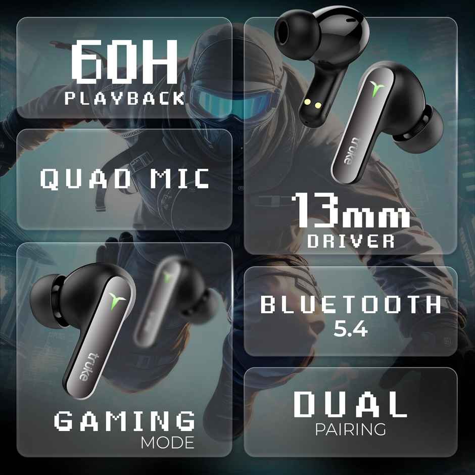 truke BTG Flex Truly Wireless Bluetooth Earbuds with Dual Pairing, 60H Battery- SunsetBlack