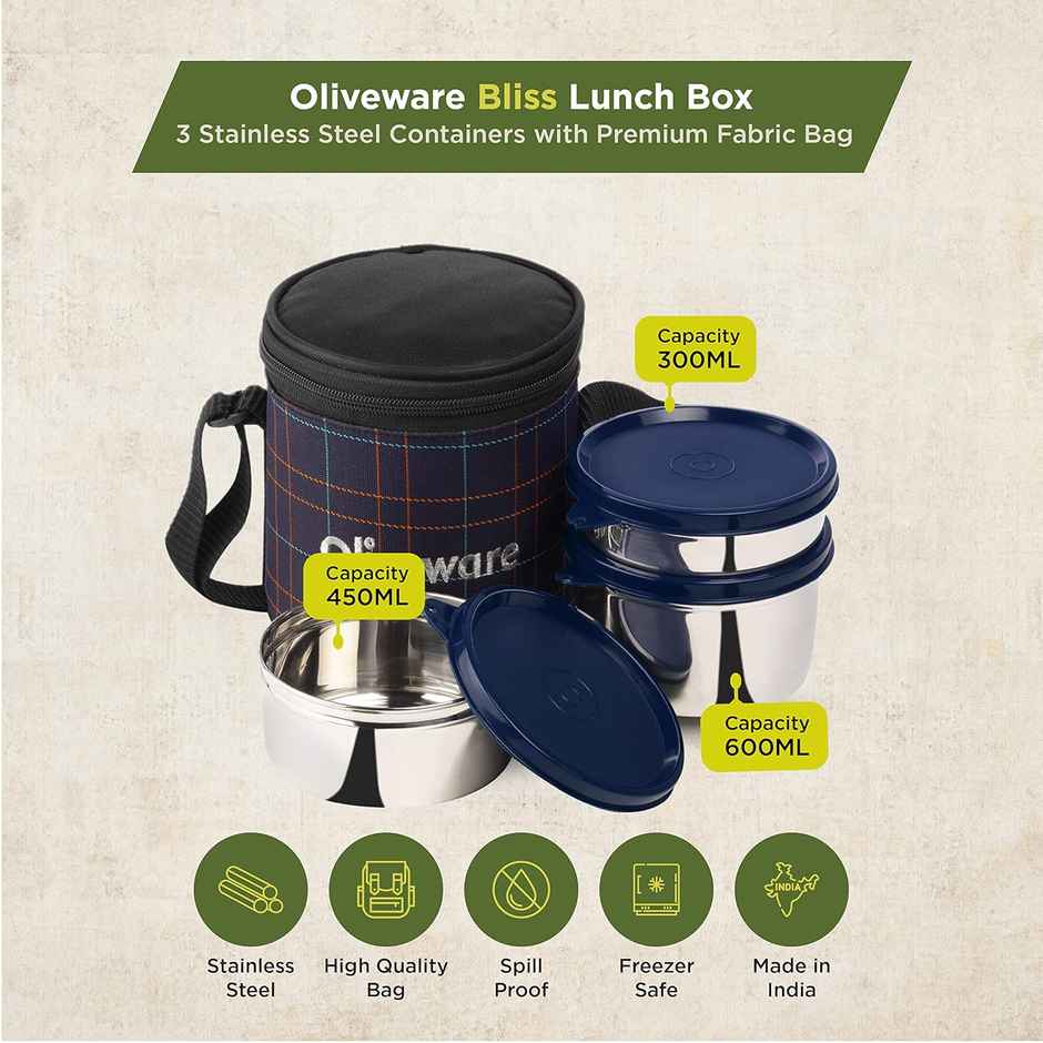 Oliveware Bliss Lunch Box, 3 Stainless Steel & Leak Proof Containers BPA Free Airtight Lids - Blue