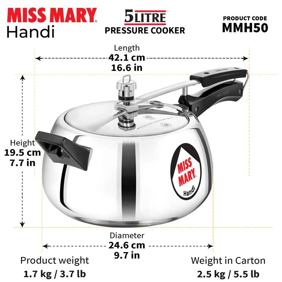 Hawkins 5 Litre Miss Mary Handi Pressure Cooker Inner Lid Cooker - Silver