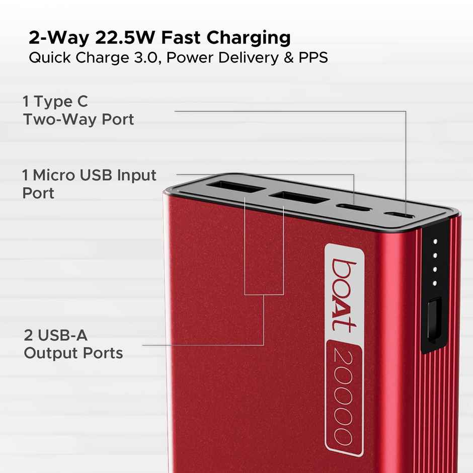 boAt 20000 mAh Power Bank w/ 2-Way 22.5W Fast Charging & Smart Power Management - PB400 (Martian Red)
