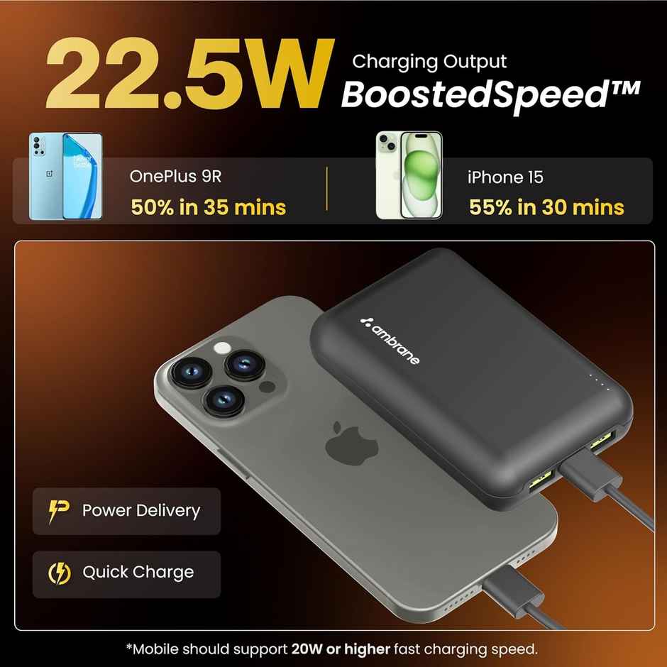 Ambrane 20000 mAh Mini Power Bank with 22.5W Fast Charging, Pocket Size, Triple Output, Type C PD (Input & Output), Li-Polymer, Made in India + Type C Cable (Powerlit XL Lite) - Yellow