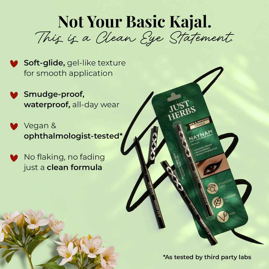 Just Herbs Naynam Day Long Kohl Kajal Smudge-Proof Sweet Almond Oil & Vitamin E (Deep Black)