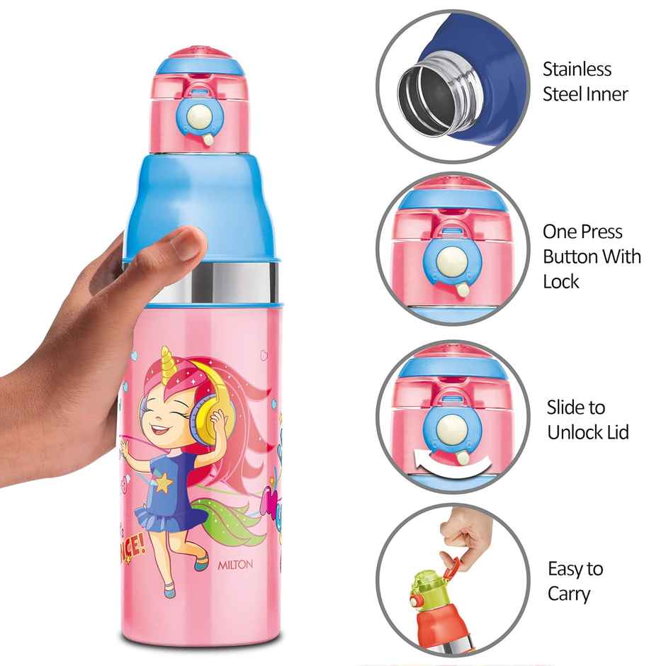 MiLiteron Kool Stunner 600 Kids Plastic Insulated Water Bottle | 520 ml | Pink