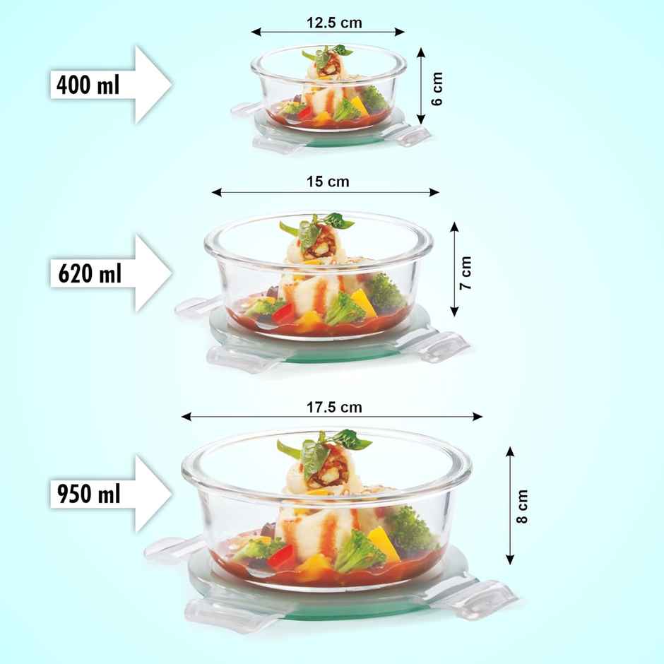 Signoraware Lock N Store Round Borosilicate Glass Container | 400 ml + 620 ml + 950 ml |Transparent