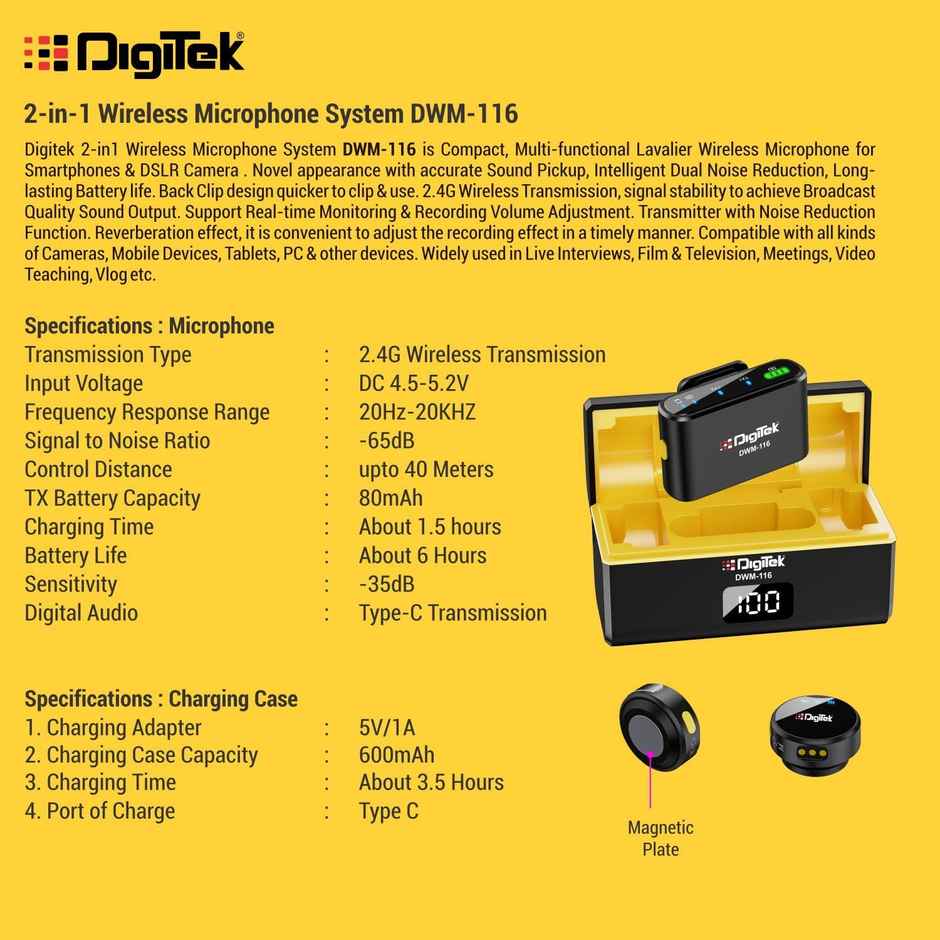 Digitek Dwm 116 2.4G 2-In1 Wireless Microphone System Compact Multi-Functional Lavalier Dslr Camera