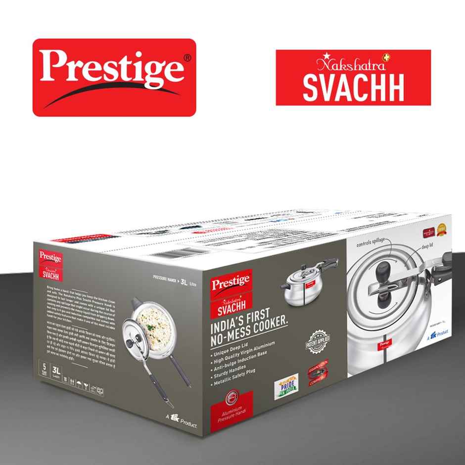 Prestige Nakshatra Plus Svachh Aluminium Pressure Cooker Handi 3L,Unique Deep Lid,5Y Warranty,Silver