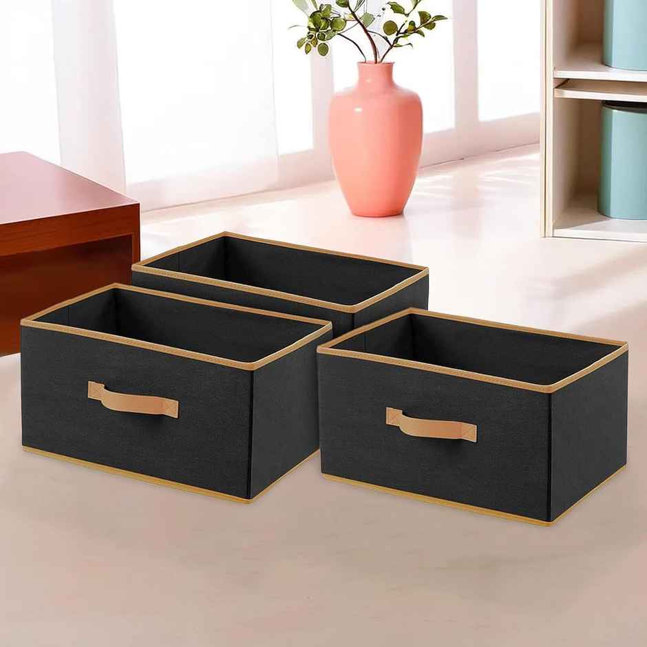 Kuber Industries Storage Box for Kids & Clothes | Foldable Toy Box | Pack of 3 (Black | Non-woven)
