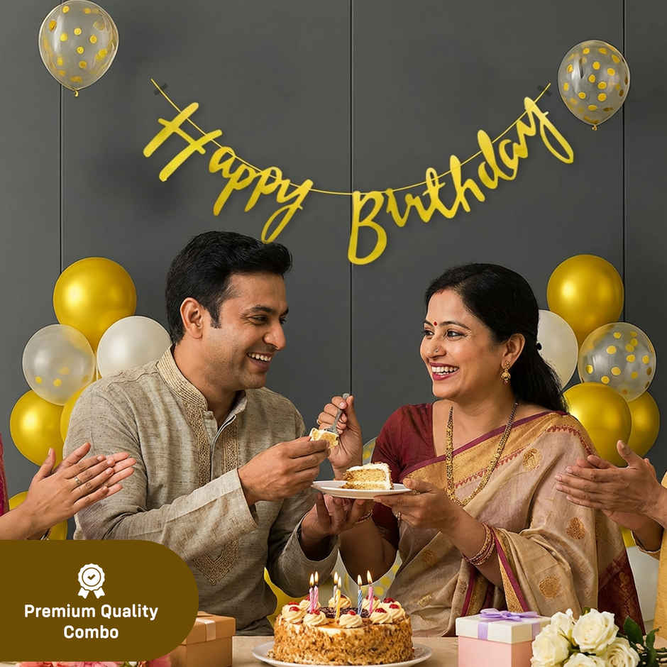 Golden Birthday Decoration Kit | Banner-Metallic Balloons-Glue Dot and More | Party Propz