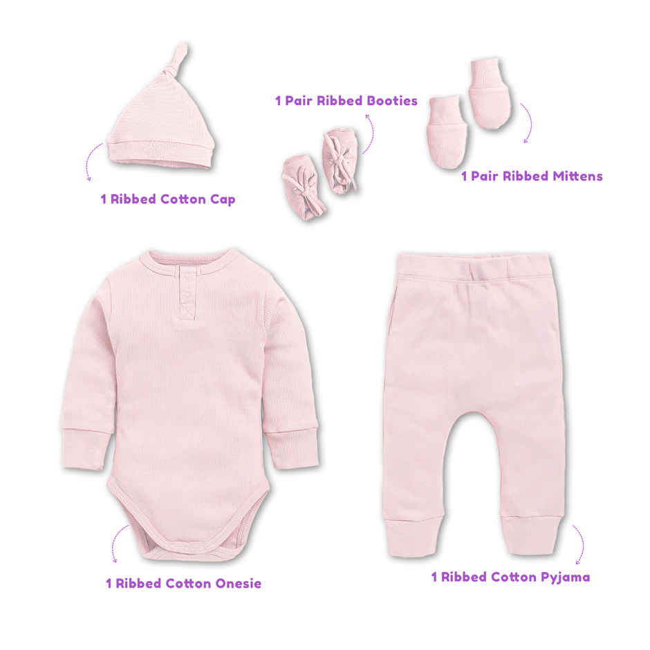 Moms Home Organic Cotton Baby Essentials Clothing Set |Gift Combo 0-3 Months | 5 Items | Pearl Pink