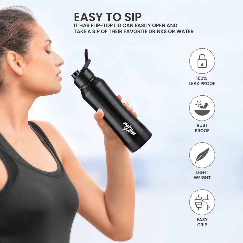 Milton Stainless Steel Comet Single Wall Leakproof Rust Free Water Bottle | Black | 1 L
