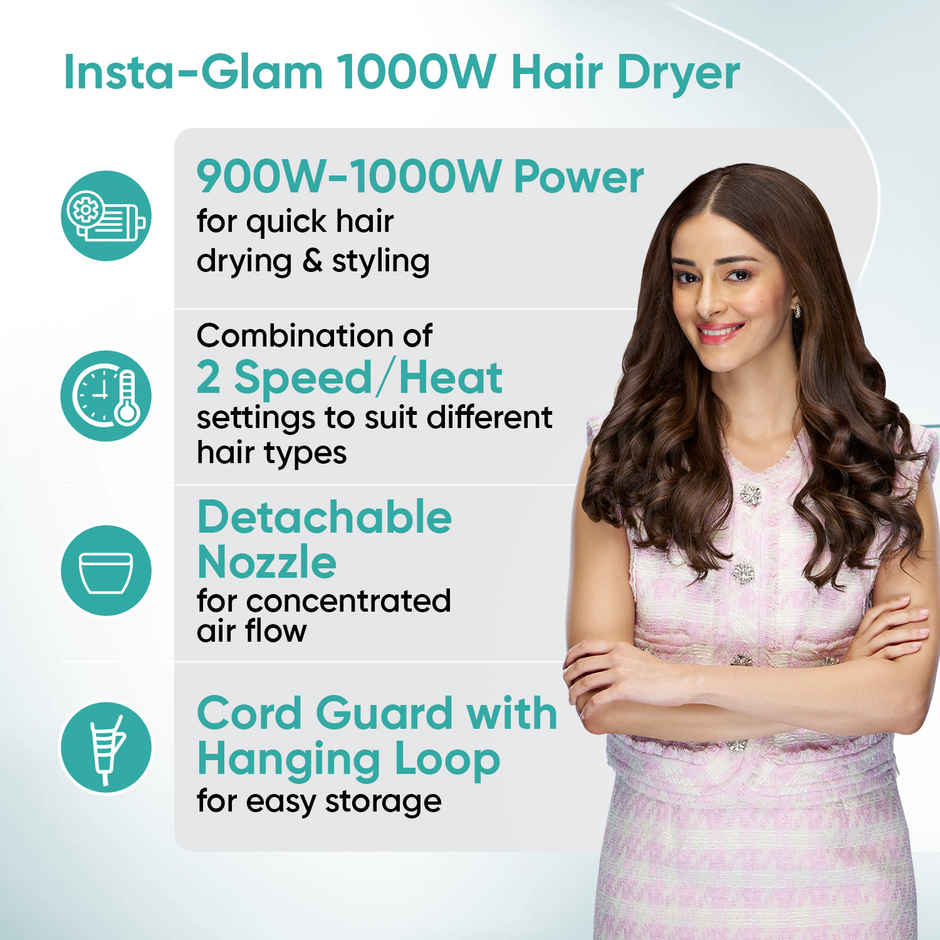 Vega Insta Glam Foldable 1000W Hair Dryer with 2 Heat/Speed Settings, VHDH-20N, | Made in India