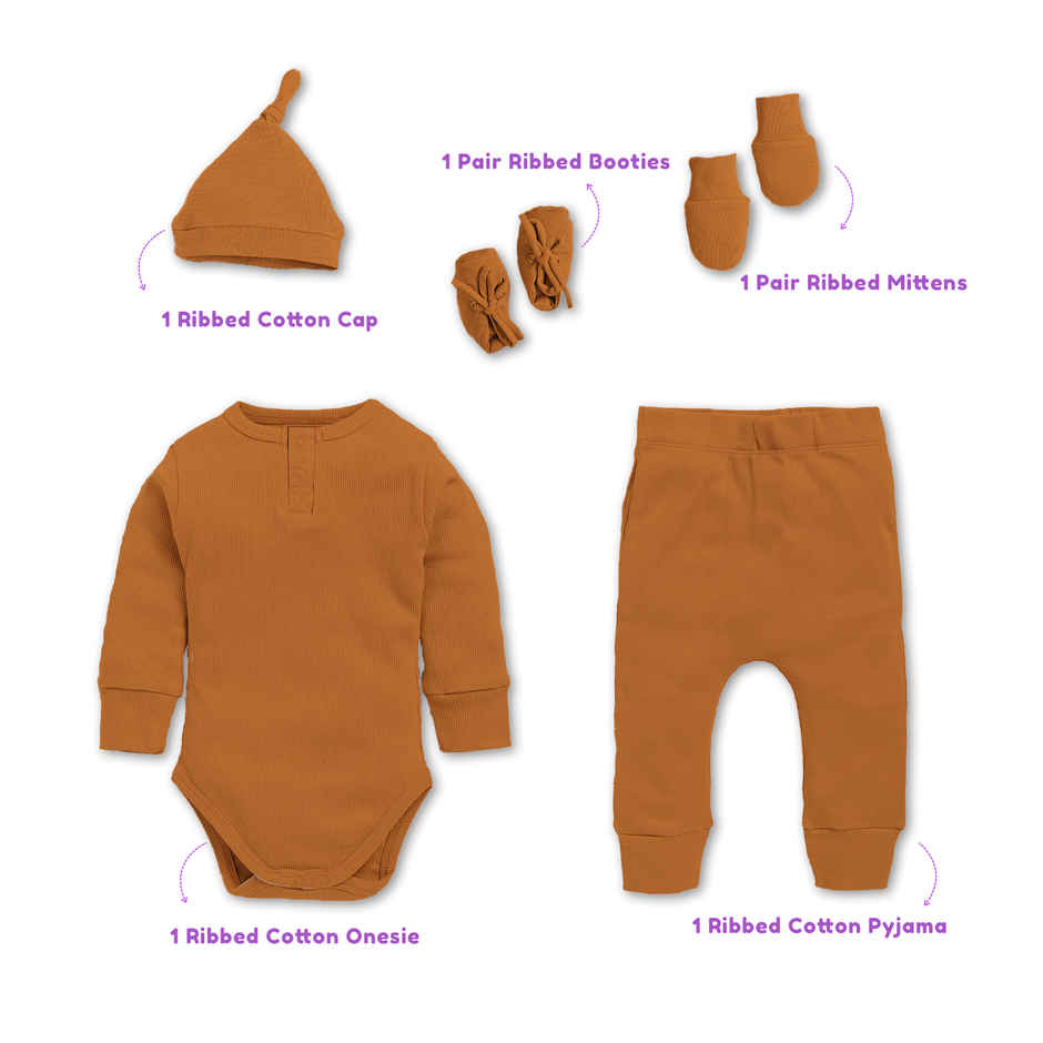 Moms Home Organic Cotton Baby Essentials Clothing Set | Gift Combo 0-3 Months | 5 Items | Brown