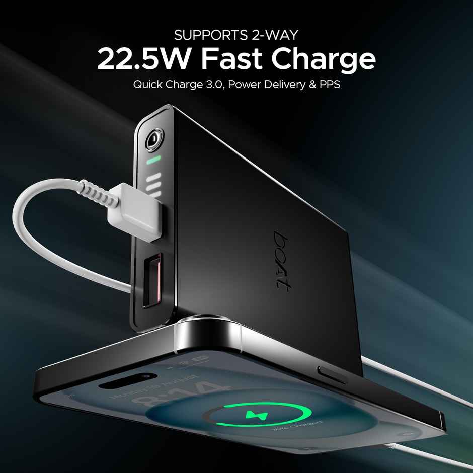 boAt Energyshroom PB300 Powerbank with 10000mAh Battery, 22.5w Fast Charging, 12-Layer Smart IC Protection, LED Indicators and Aluminum Alloy Casing USB Type-C Input - Carbon Black