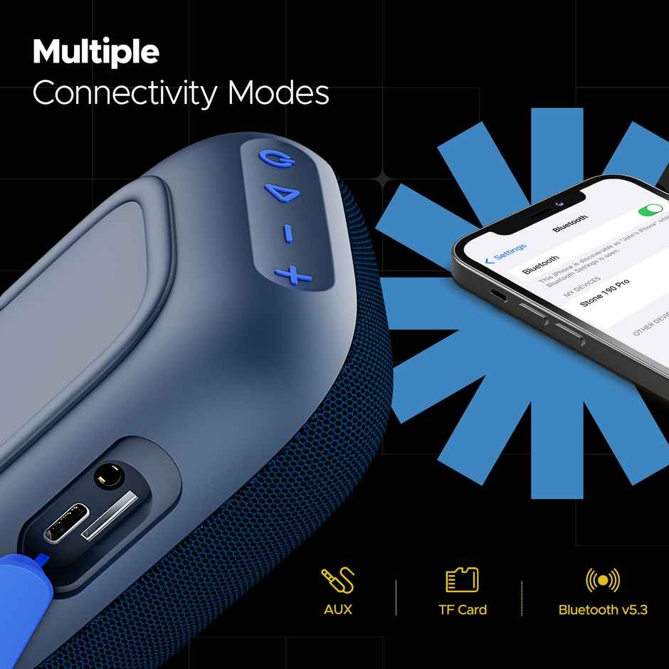 boAt Stone190 Pro Bluetooth Speaker with 5W Signature Sound, Up to 12hrs of Playtime, TWS Feature, Built-in Mic, Bluetooth v5.3, AUX Port, TF Card, IPX6 & Type-C Bluetooth Speaker - Tropical Blue