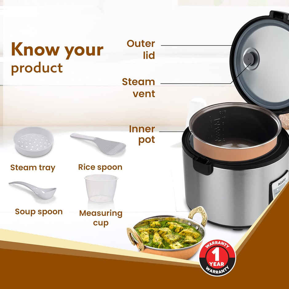 Agaro Regency Electric Rice Cooker, 5L Ceramic Coated Bowl, Automatic Cooking, Keep Warm Function
