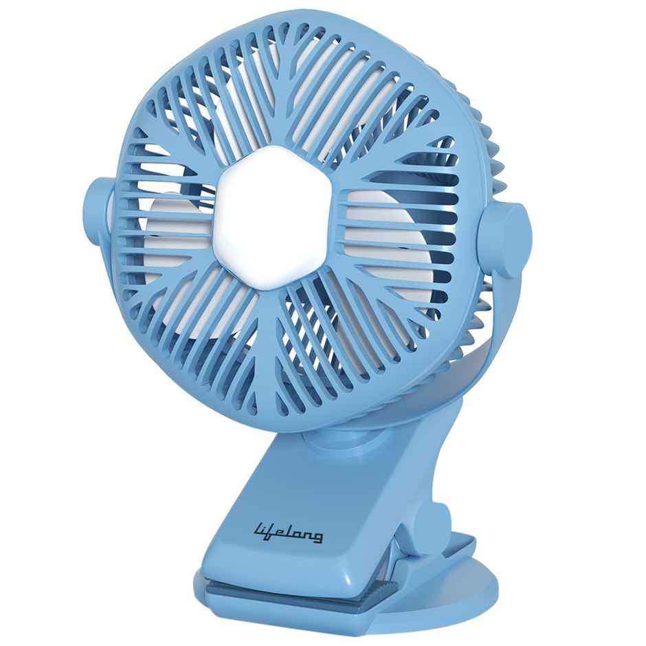 Lifelong 125mm Rechargable Fan with Clip & LED Light|Portable Fan, USB Fan, Mini Fan, Table Fan, Small Fan, Car Fan, Kitchen Fan|5hr Battery Back-up, 3 Speed Settings, Low Noise, Energy Efficient - Blue