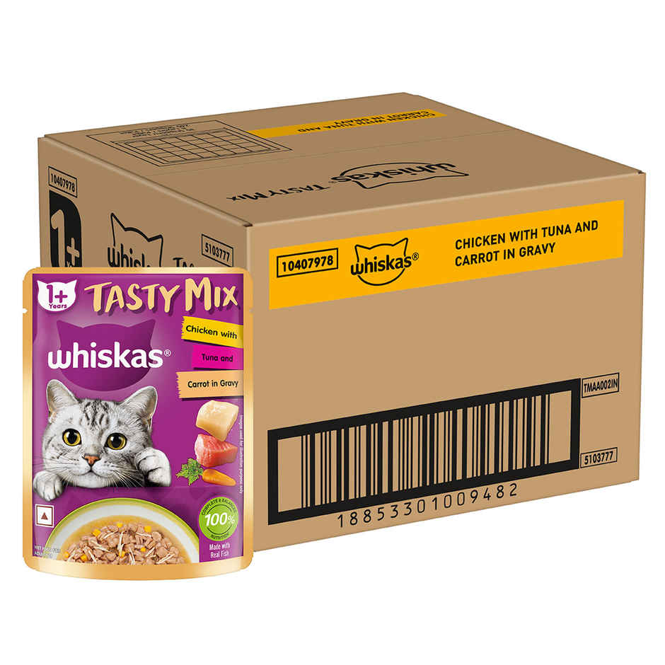 Whiskas Tasty Mix Adult Wet Cat Food, Chicken with Tuna & Carrot in Gravy