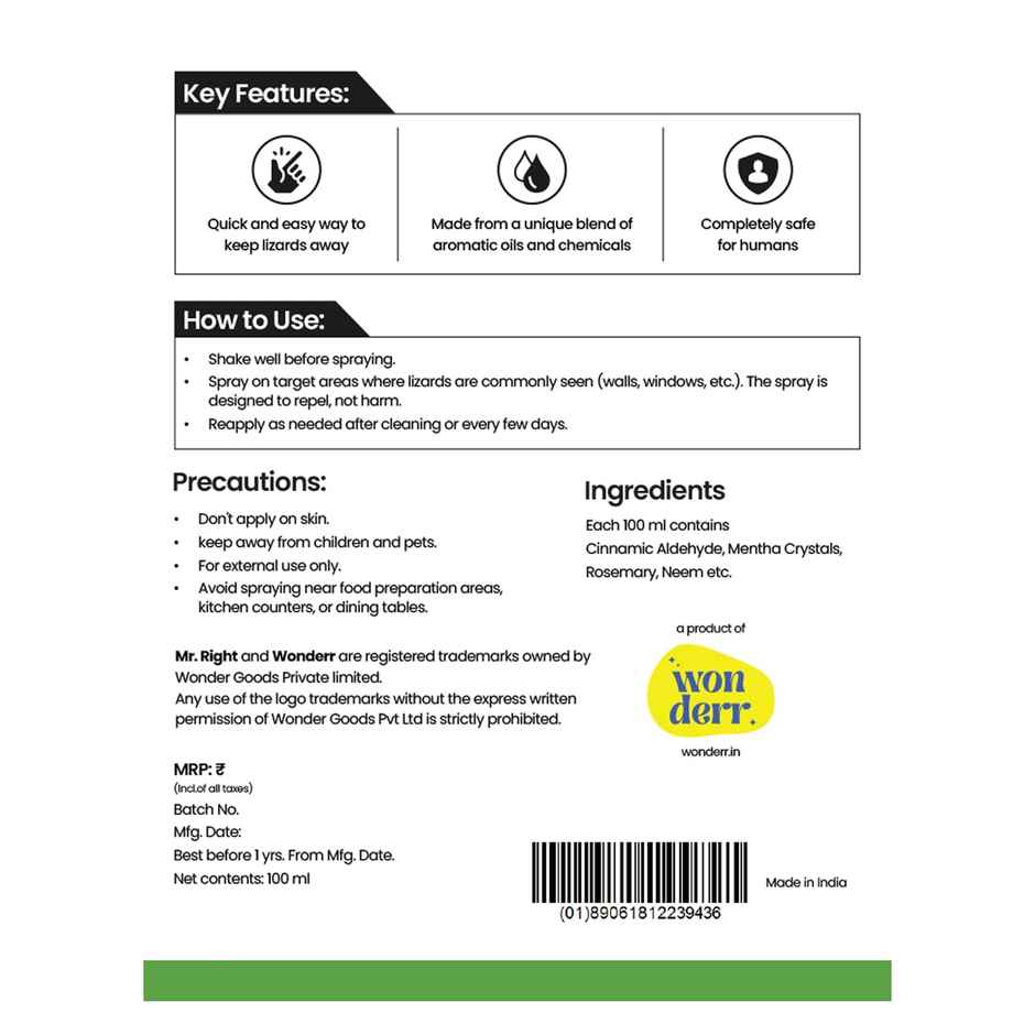 Mr. Right Herbal Lizard Repellent Spray for Home | Natural and Chemical Free