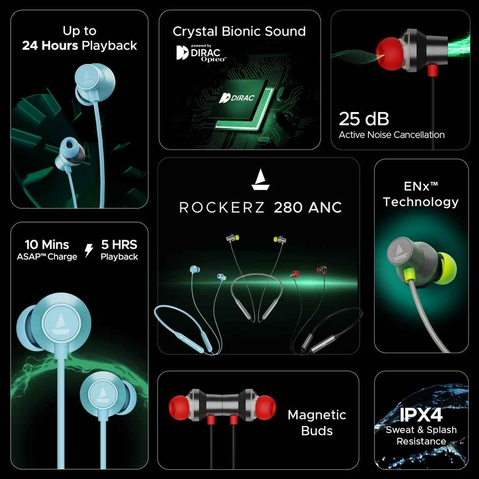 boAt Rockerz 280 ANC BT Neckband w/ 24H Playtime, 25dB ANC & Crystal Bionic Sound (Gunmetal Black)