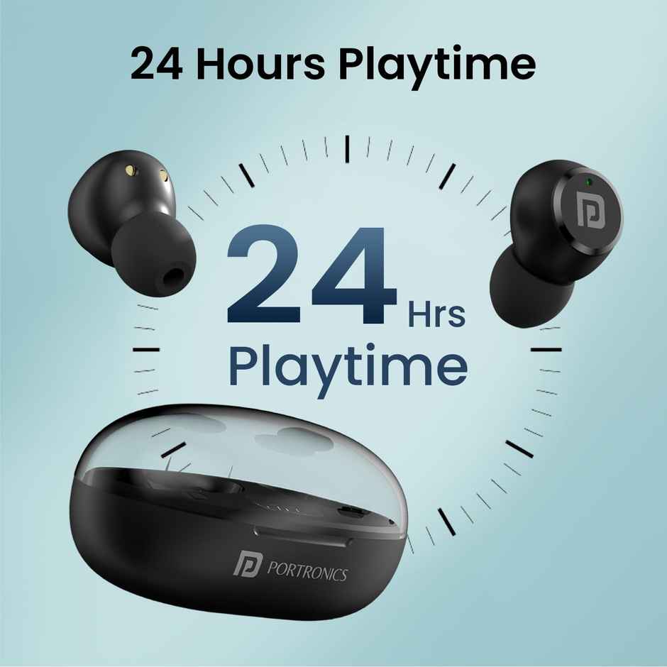 Portronics Harmonics Twins S13 in Ear TWS Earbuds with Mic, 24H Playtime, Game/Music Mode, Touch Control, 8mm Driver, Bluetooth 5.3v,IPX5 Water Resistance, Type C Fast Charging - Black