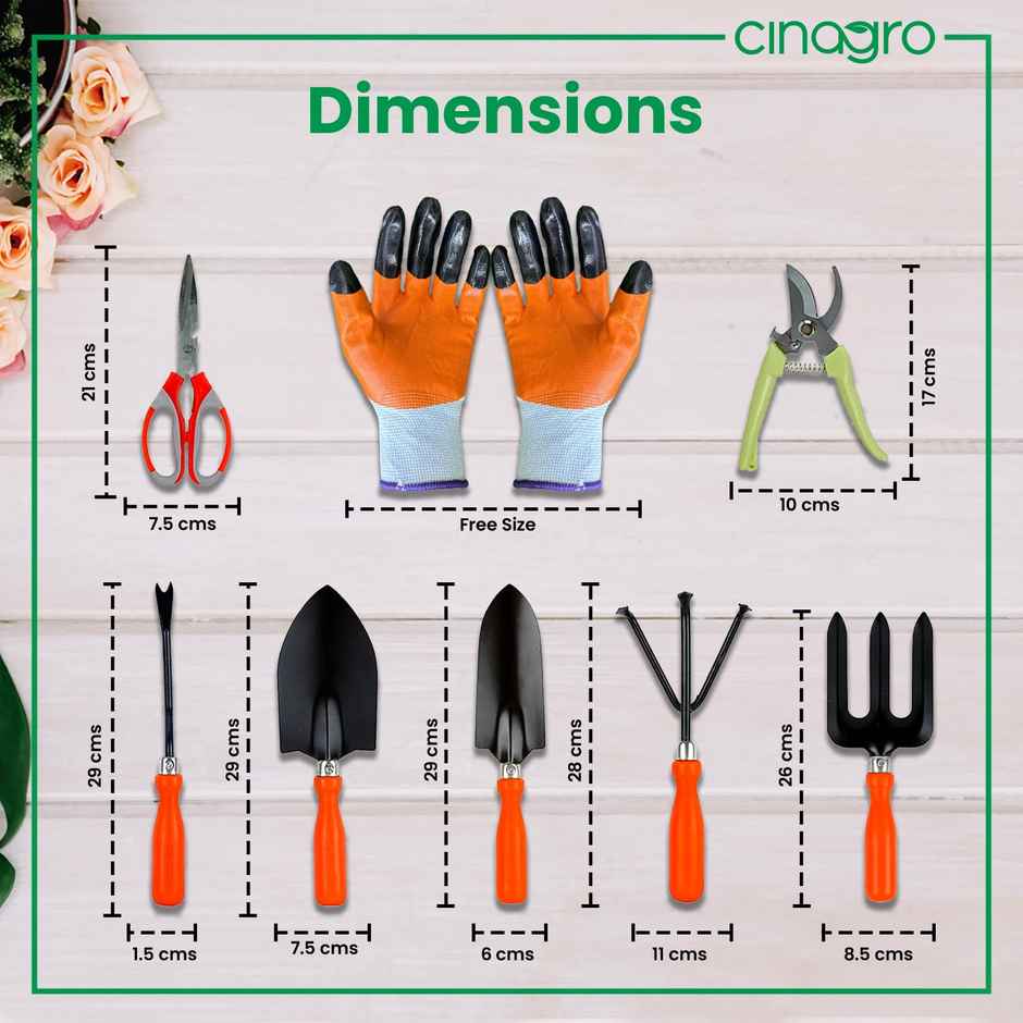 Cinagro Garden Tools - 8 Pcs, Weeder, 2 Trowels, Hand Fork, Cultivator, Scissors, Pruner, Gloves
