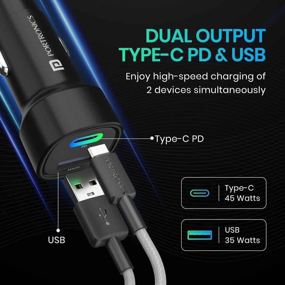 Portronics 80W Dual Output Fast Car Charger with Type-C PD & USB, LED Indicator, Power Bank (Black)