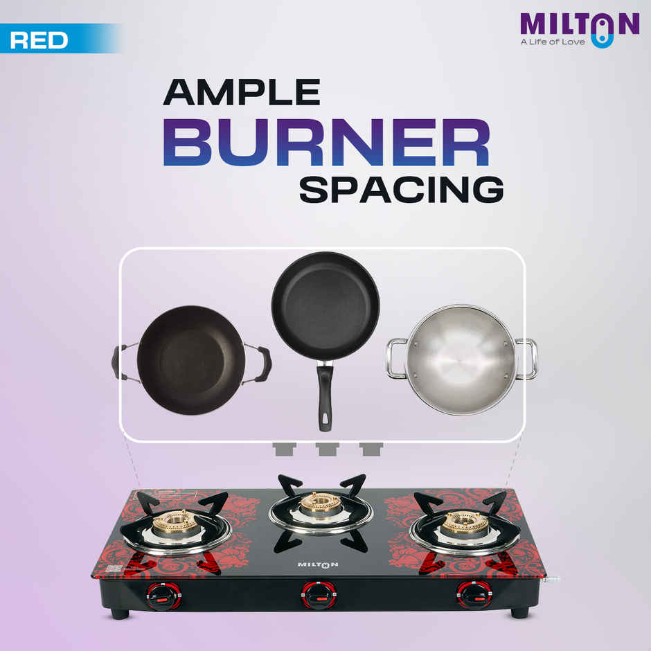 Milton Premium Red Manual Ignition Glass Top Gas Stove | ISI Certified | 3 Burner