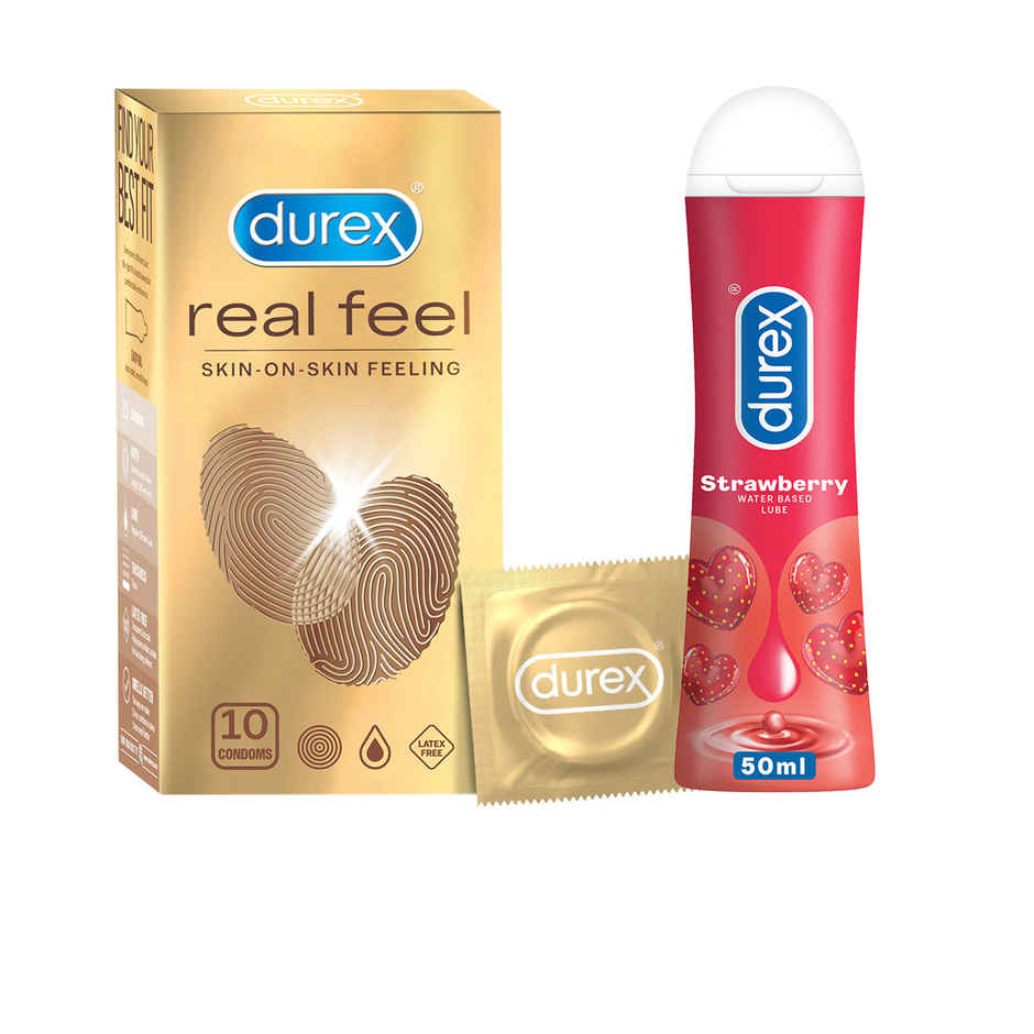 Durex Real Feel Condoms For Men - For Real Skin On Skin Feeling Latex Free (10pc) & Durex Lube - Strawberry - Flavoured Lubricant (50ml) Combo