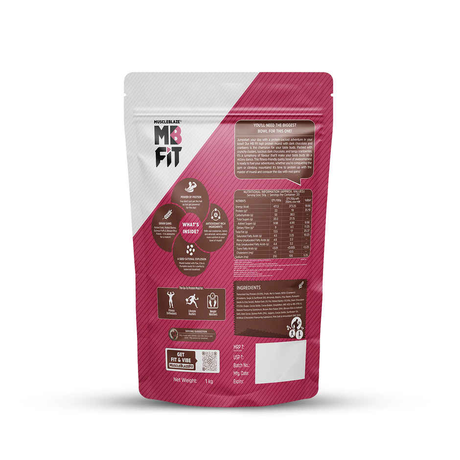 MuscleBlaze Fit High Protein Muesli (Dark Chocolate & Cranberry, 1kg) | 22g Protein