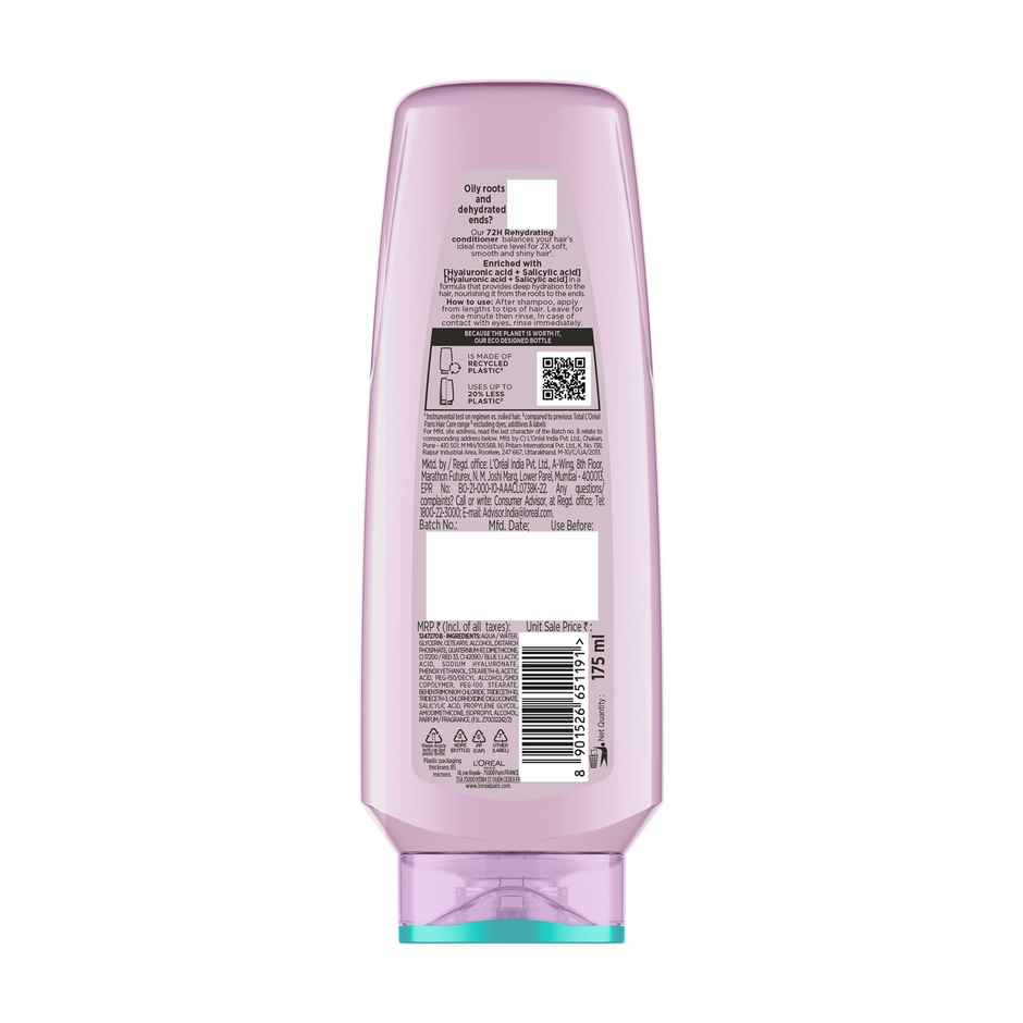 L'Oreal Paris Hyaluron Pure 72H Rehydrating Conditioner For Smooth Tangle - Free Hair