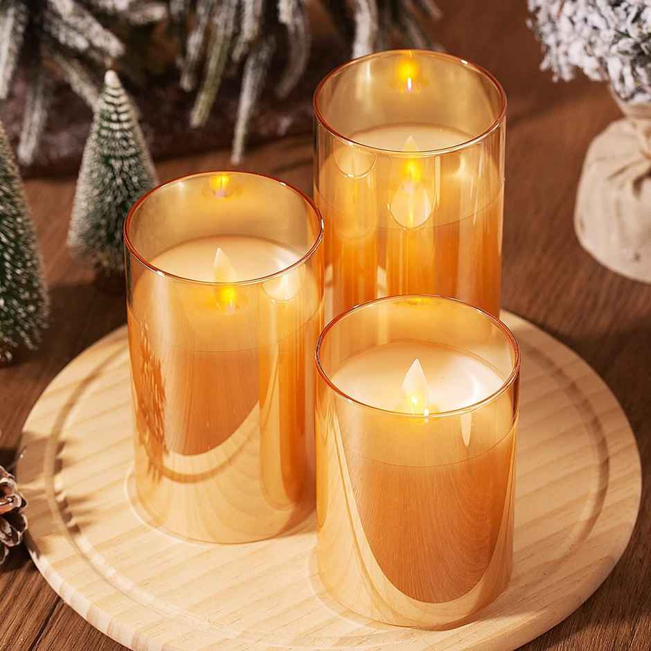 DesiDiya Flameless LED Candles Set of 3 Remote Control Acrylic Glass Candle Flickering Flame