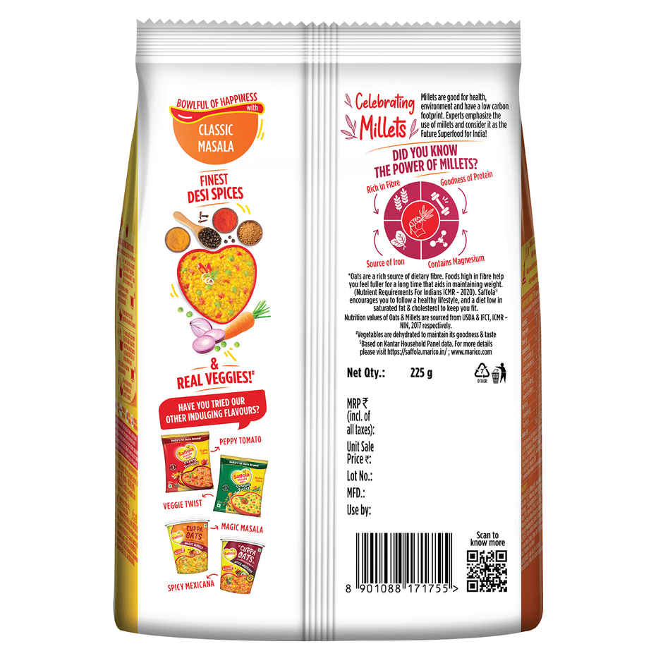 Saffola Masala Oats |Classic Masala | Anytime Snack | Ready in 3 mins | Millets Goodness | 225g