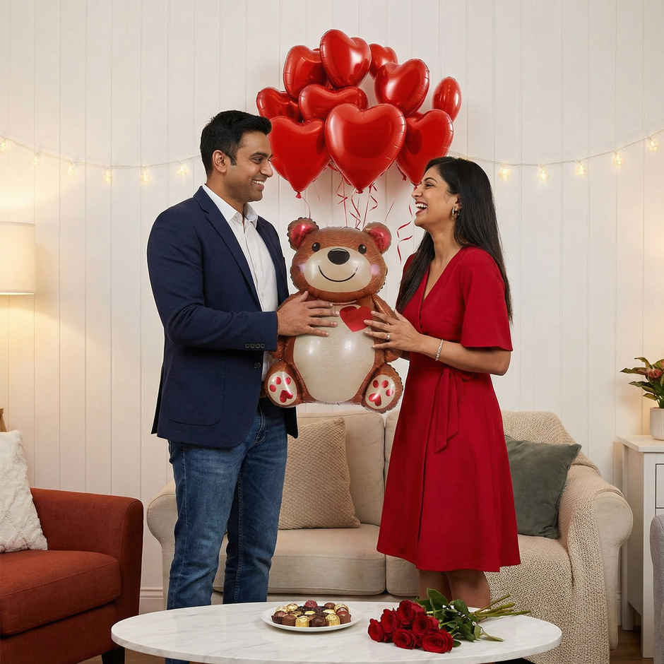 Happy Valentine Decoration with Red Heart and Teddy Foil Balloons | Party Propz