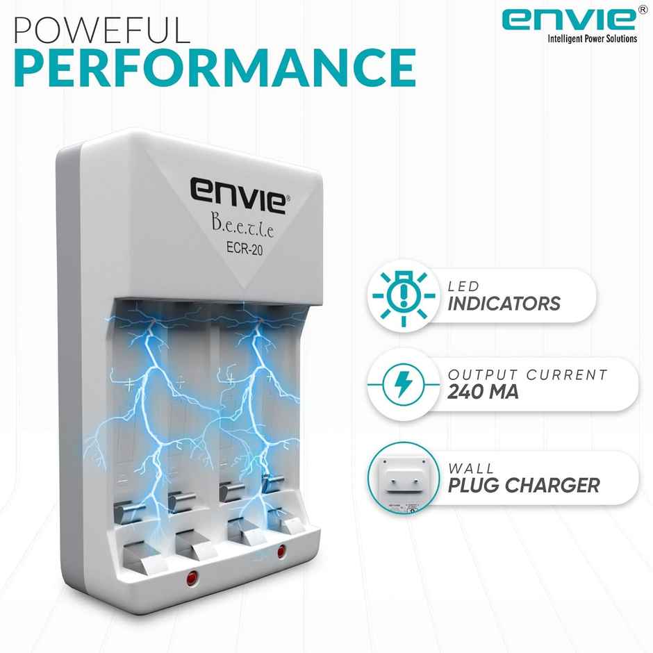 Envie (ECR-20) Beetle Wall Battery Charger for AA & AAA (Ni-MH/Ni-CD) Rechargeable Batteries with LED Indicators, Charge 2 or 4 Batteries at a Time