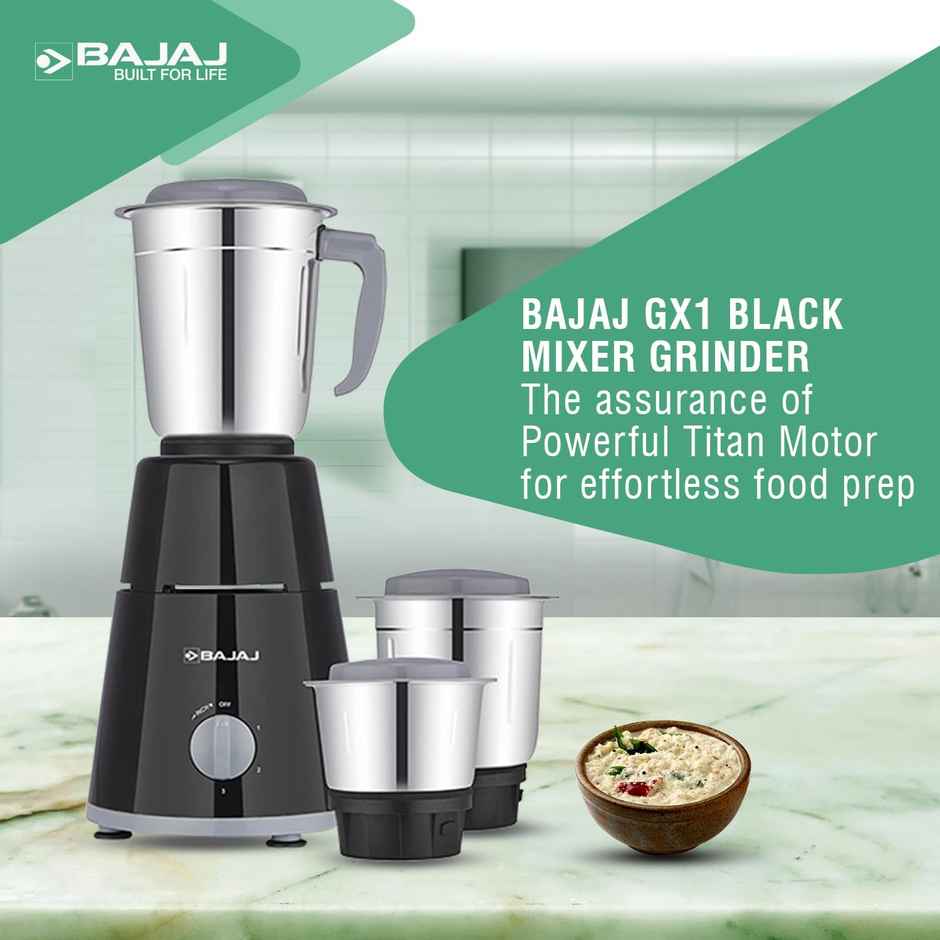 Bajaj GX-1 Mixer Grinder 500W | Superior Mixie For Kitchen |3 Stainless Steel Mixer Jars, 2-In-1 For Dry Grinding |Blade Function With Titan Motor,  Black