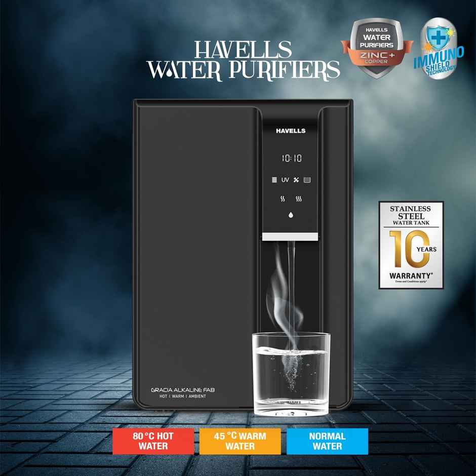 Havells Gracia Fab Alkaline Water Purifier (Black), Ro+Uv+Alkaline, 8 Stage Purification