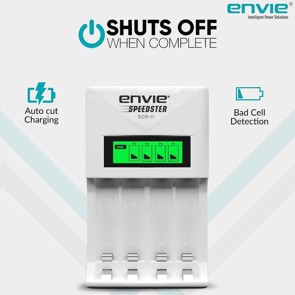Envie (ECR-011) Speedster Fast Charger for AA & AAA Rechargeable Batteries with LCD Display Indicator & Auto Cut Charging - Charges 4 Batteries at a Time