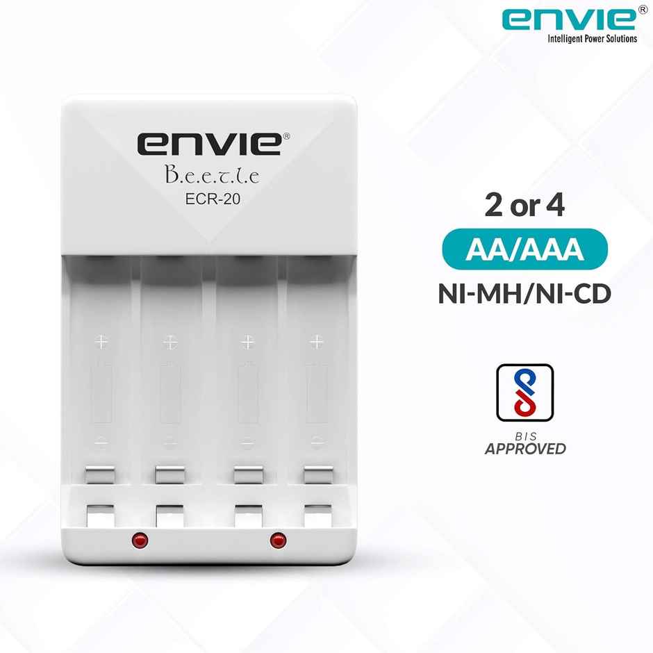 Envie (ECR-20) Beetle Wall Battery Charger for AA & AAA (Ni-MH/Ni-CD) Rechargeable Batteries with LED Indicators, Charge 2 or 4 Batteries at a Time