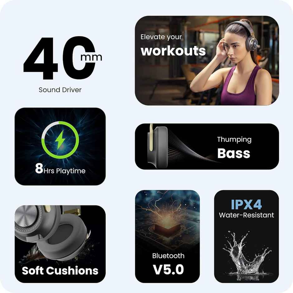 Hammer Bash 2.0 Over-Ear Wireless Bluetooth Headphones With Mic | Bluetooth 5.0 | Ash Grey