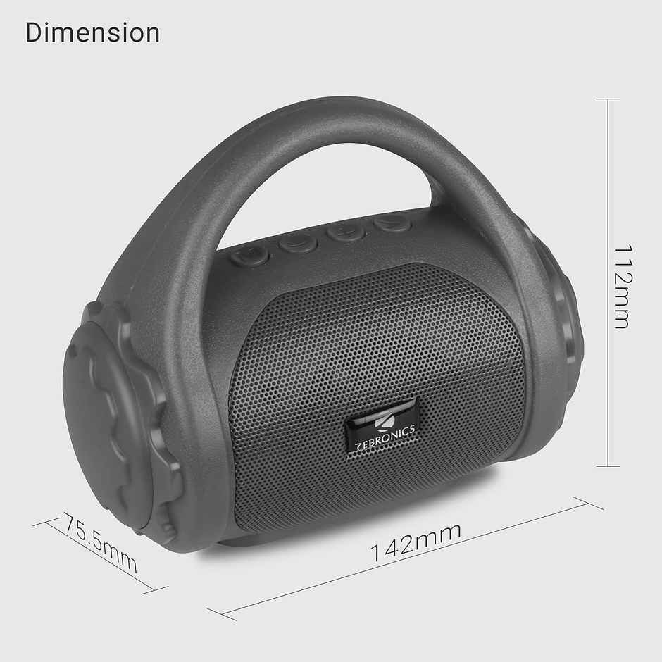 Zebronics County 3W BT Speaker with Carry Handle, USB, SD Card, AUX, FM & Call Function (Gray)